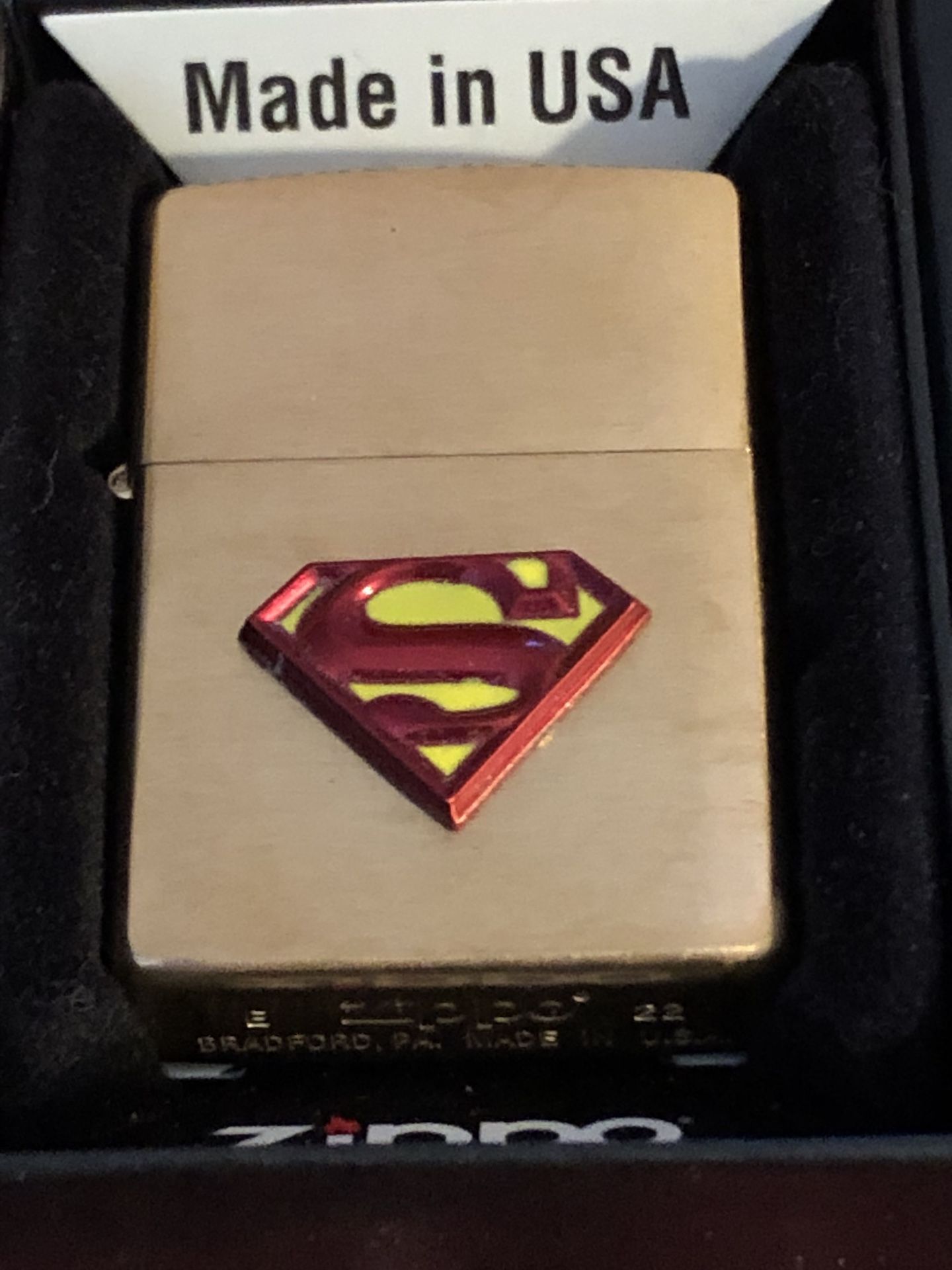 Custom SUPERMAN Zippo Lighter, COLORED Pewter Logo Gift, Brushed Brass In Box