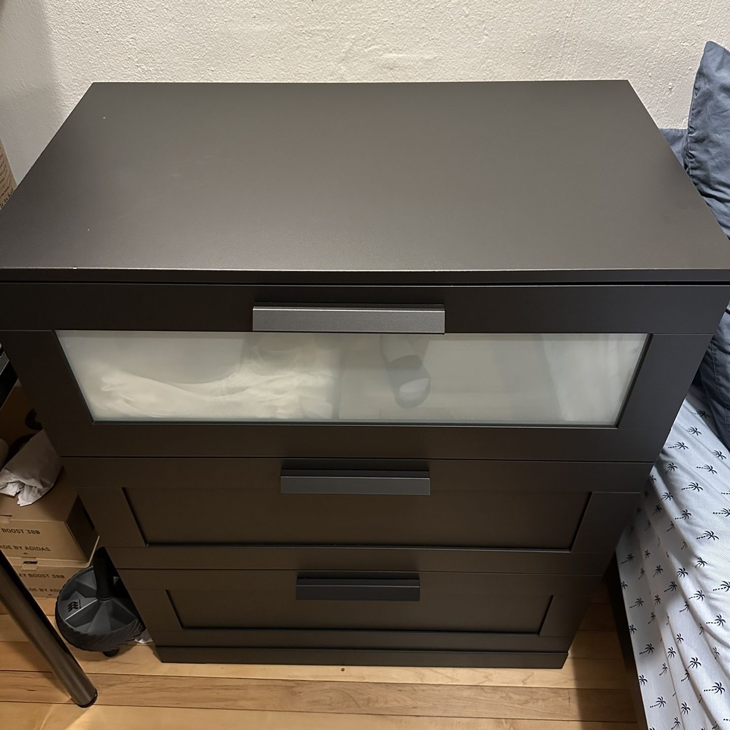 black brimnes dresser chest of 4 drawers with frosted glass from IKEA. Yes, we need more space to storage our clothes. Lovely combination with silver / grey wall paper and silver decors If you are uncertain Ikea Brimnes 3-Drawer Black Dresser