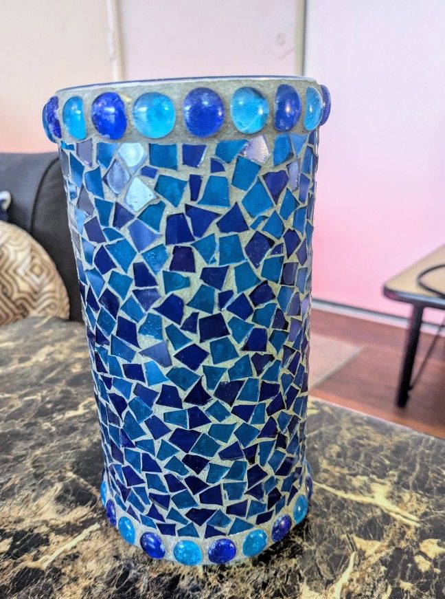 Candle Holder Blue Beaded Mosaic Holder