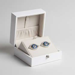 14K Yellow Gold White/Blue Cz Eye Stud Earrings