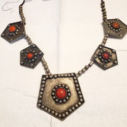 Afghan Made Vintage Metal Necklace (Red Stones)