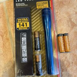 New factory sealed Mini Maglite LED flashlight in blue. Comes with a belt holster