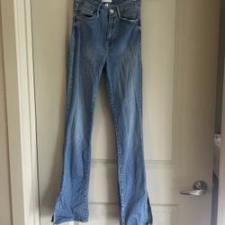 FRAME High Rise Flare Jeans with Ankle Slit – Size 25, Danbury Wash, Made in Turkey