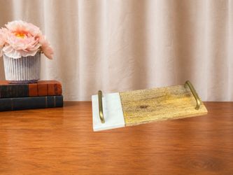 Wood and Marble Serving Tray with Gold-Tone Handles