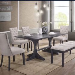 Grey Dining Table + 4 Chairs + Bench