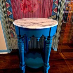 Art Deco White Marble Top Wood Teal Blue Console Accent Table 25"× 18" Check My Other Listings 