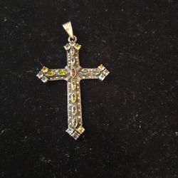 Sterling Silver Cross with Multicolor Stones 
