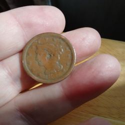 1854 Large Copper Cent Coin, Slight Damage 
