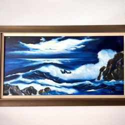 Huge 56” X 32” Old Oil Painting Framed and Signed by Artist Beautiful Night Ocean 