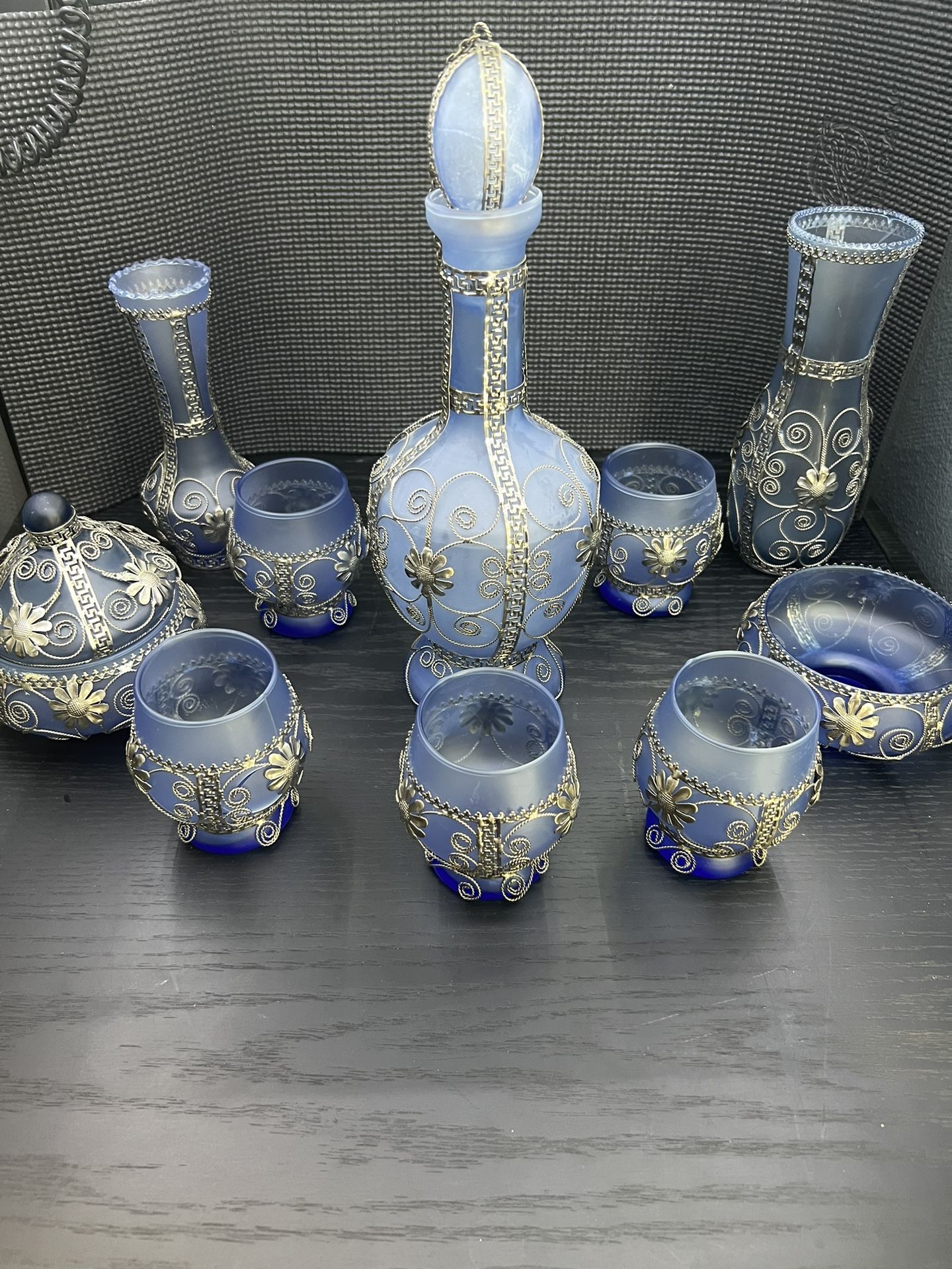 Blue Satin Vases With Silver filigree