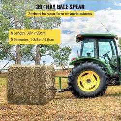 Hay Spear 39" Bale Spear 3600 lbs Capacity, Bale Spike Quick Attach Square Hay Bale Spears 1 3/4", Black Coated Bale Forks, Bale Hay Spike with Hex Nu