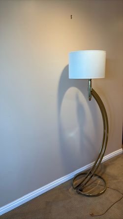 Brass Arc Floor Lamp with White Drum Shade