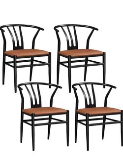 Set of 4 Mid-Century Modern Metal Dining Chairs with Faux Leather Seats