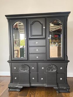 Tall Dresser/wardrobe, armoire with tons of storage beautifully refurbished in Black with crystal knobs. Mirror in the front for extra detail.