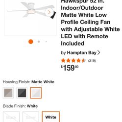 Hawkspur 52 in. Indoor/Outdoor Matte White Low Profile Ceiling Fan with Adjustable White LED with Remote Included by Hampton Bay > (319)
