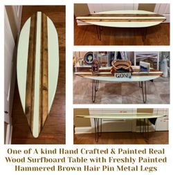 One of a Kind Hand Crafted & Painted Real Wood Surfboard Table with Hammered Brown Hair Pin Legs