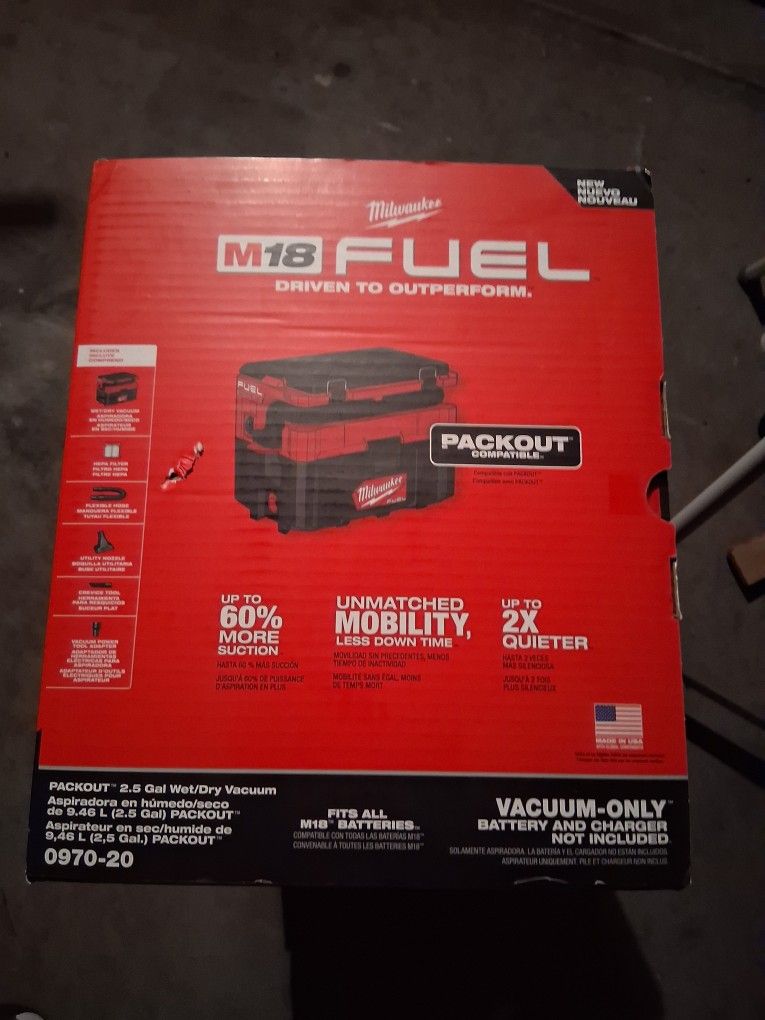 New, Nueva, Milwaukee
M18 FUEL PACKOUT 18-Volt Lithium-Ion Cordless 2.5 Gal. Wet/Dry Vacuum (Vacuum-Only)