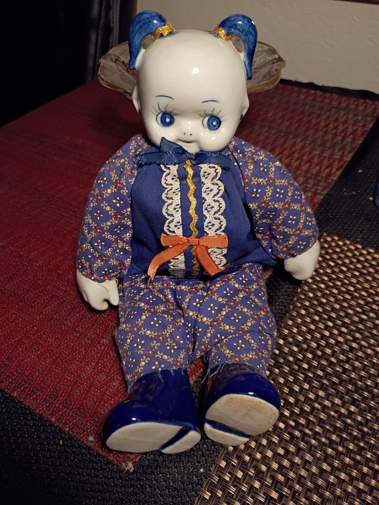 Porcelain Asian Delft Blue Doll
