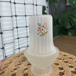 White Frosted Satin Glass Fairy Lamp Candle Holder with flowers Vintage