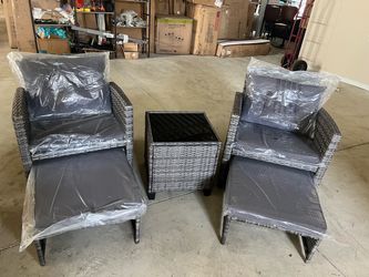 5 Piece Patio Furniture Set,Outdoor PE Wicker Patio Chair Two with Ottoman Underneath, Wicker Lounge