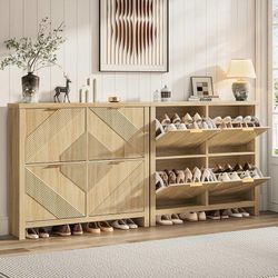 B500 $120  Shoe Cabinet with 4 Flip Drawers, Narrow Shoe Organizer with Symmetric Groove Pattern, Freestanding Wood Hidden Shoe Storage Cabinet for En