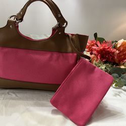 COLDWATER CREEK Women’s Handbag Pink Brown Canvas  This designer bag measures  8 x 13” with an 8 inch double strap. It is pink and faux leather. Easy 