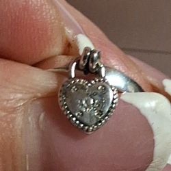 Pandora Authentic Brand  New Sterling Silver Heart Shaped  2 Sided Padlock Padlock Ring Size 7