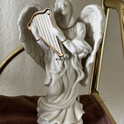 Porcelain Figurine Angel with Wings Playing a Harp Gold Accents Nightlight