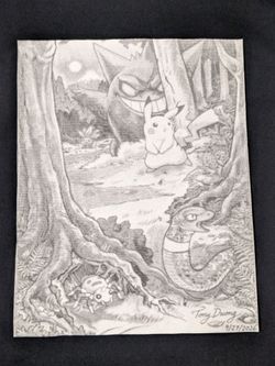 Pokemon Drawing Canvas Art Pikachu and Gengar Dark Forest (8.5x11)