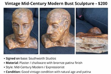 Vintage Mid Century Modern Bust Sculpture Bronze Finish Southworth Studios Signed