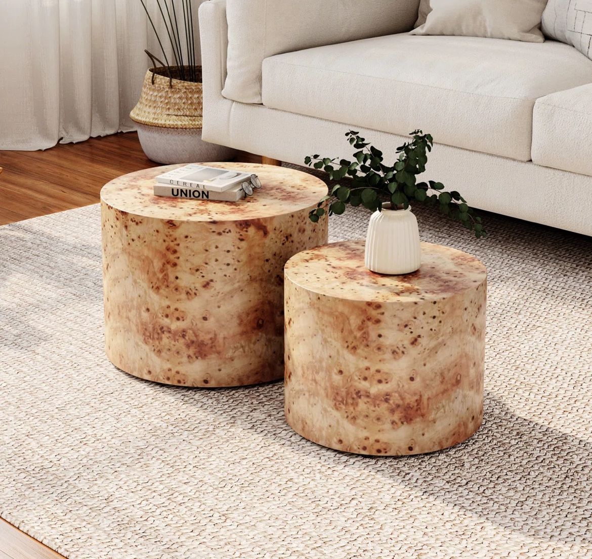 Nesting Coffee Table Set Of 2, Modern Round Coffee Table, Wooden Circle Accent Tables For Small Spaces Living Room Bedroom Balcony Office Drum Side Ta