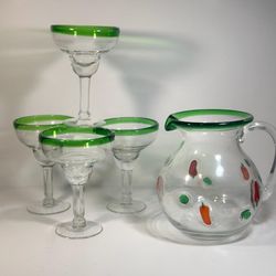 Hand Blown Mexico 🇲🇽  Margarita Glasses With Jalapeño  Pitcher 