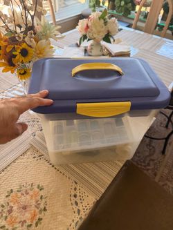 Bunch of sewing accessories with large container