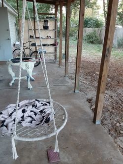 Hammock swing. And 1/2 inch thick glass top round table.