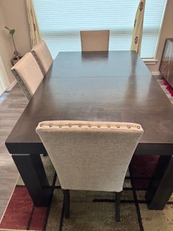 Extendable Espresso Dining Table + 4 Chairs + Bench (Seats 6–8)