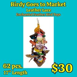 New Medium Size Parrot Bird Toy: Birdy Goes To Market: Leather Lace 62pc