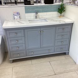 60” Single Sink Bathroom Vanity In Grey Color With Quartz Top Solid Wood Fully Assembled Softclose Drawers Doors Ready For Pick Up 