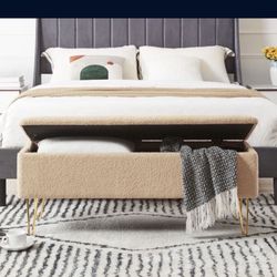 Brand New 43” Upholstered Storage Bench with Gold Legs – Beige/Cream