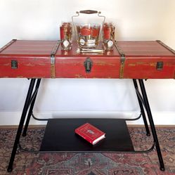 Red Campaign Style Console Table / Desk w Metal Accents / Storage