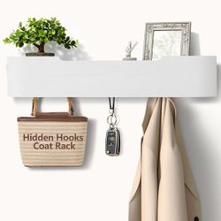 Coat Rack Wall Mount with Hidden Hooks Modern Key Holder Wood Entryway Hook with Shelf for Bedroom Kitchen Hallway Bathroom Designed for Hanging Coats