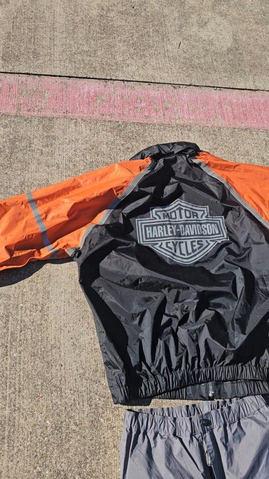Harley Davidson Men's Orange Black 2 piece Hi Vis Pants + Jacket suit Water Proof Size L