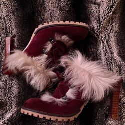 Brand New Coach ‘Kristy’ Maroon Suede Faux Fur Lace-up Heeled Lug Sole Mules