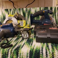 Use Ryobi Tools 2battery Charger  2 Hand Saws 1 Saw Zaul 1light Clalk Gun 