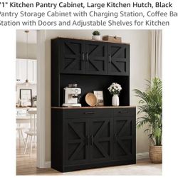 71" Kitchen Pantry Cabinet, Large Kitchen Hutch, All Black Pantry Storage Cabinet with Charging Station, Coffee Bar Station with Doors and