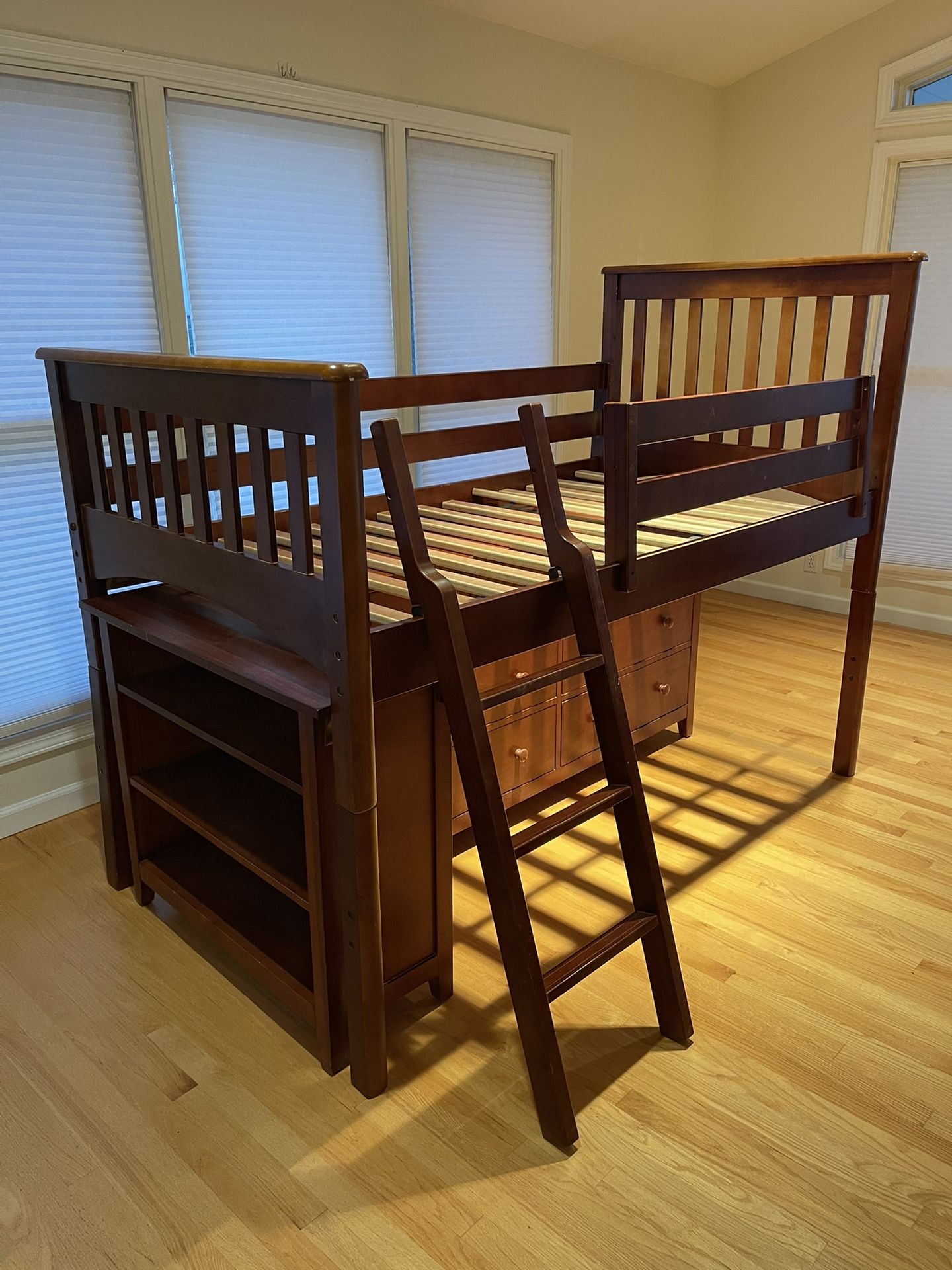 Low loft bed, dresser, bookcase setup--real wood.