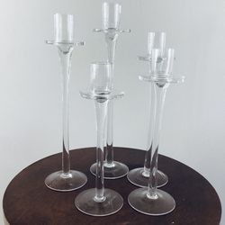 Set Of five Glass Taper Candleholders, Graduated Glass taper Candleholders 