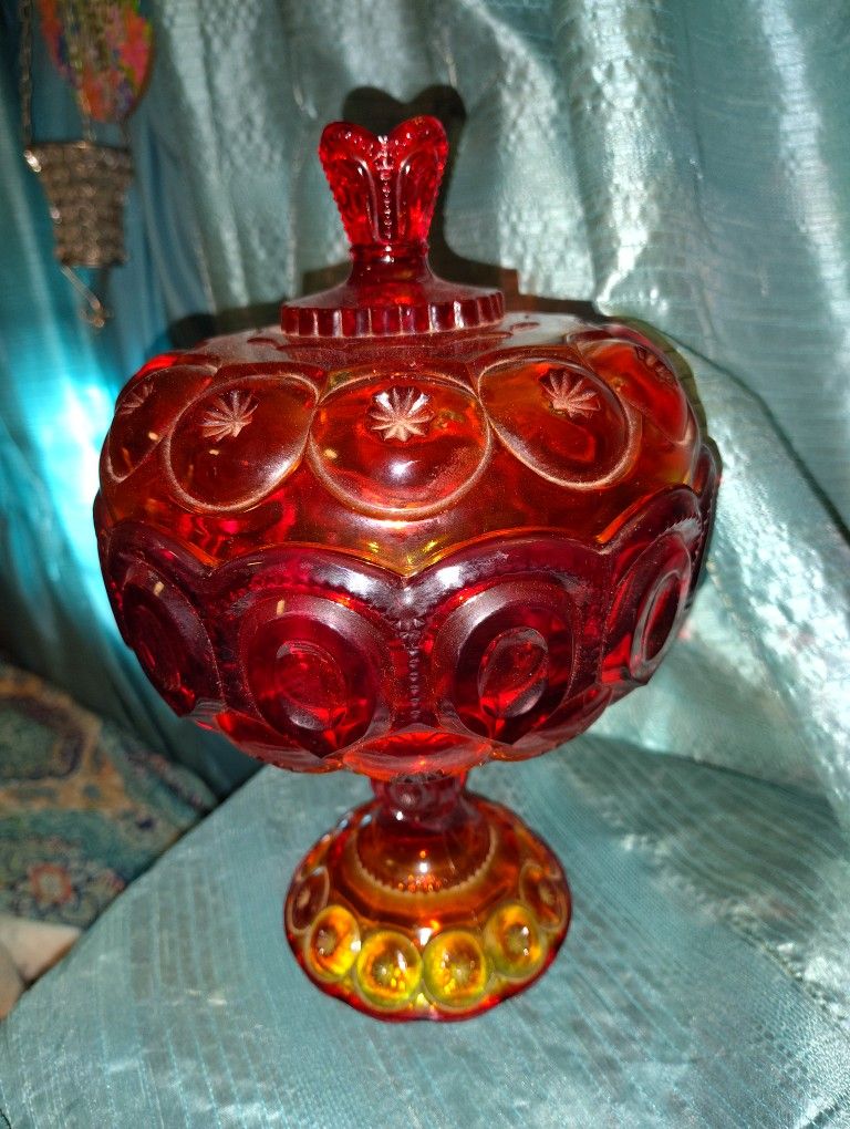 Vintage LE Smith Moon and Stars Amberina glass Candy or compote dish