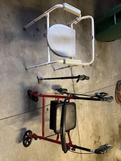 Walker, adjustable cane and toilet help