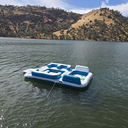 Inflatable Floating Island Lounge Raft with Cup Holders and Coolers - Tropical Breeze - 6 Person