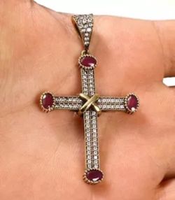 925 Sterling Silver, Turkish Ruby Topaz, Holy Cross Pendant